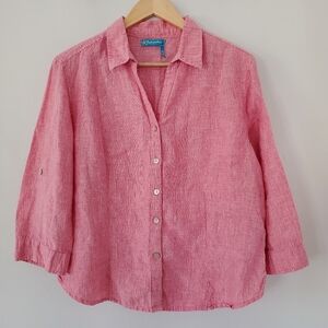FRESH PRODUCE XL 100% Linen Red White Button Top V-Neck Collar 3/4 Sleeve.